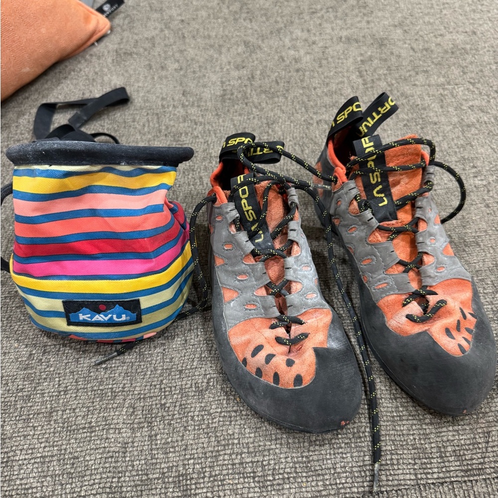 LaSportiva Tarantulace rock climbing shoes and chalk bag